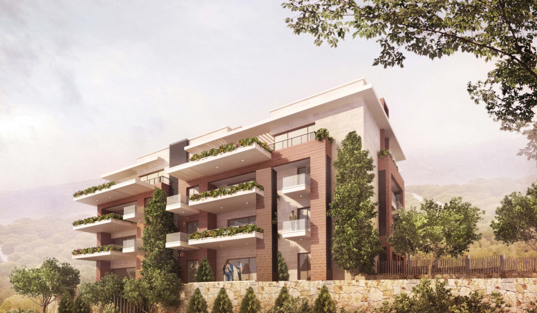 Broumana 2976 seen from the garden side, with planted terraces above a stone retaining wall