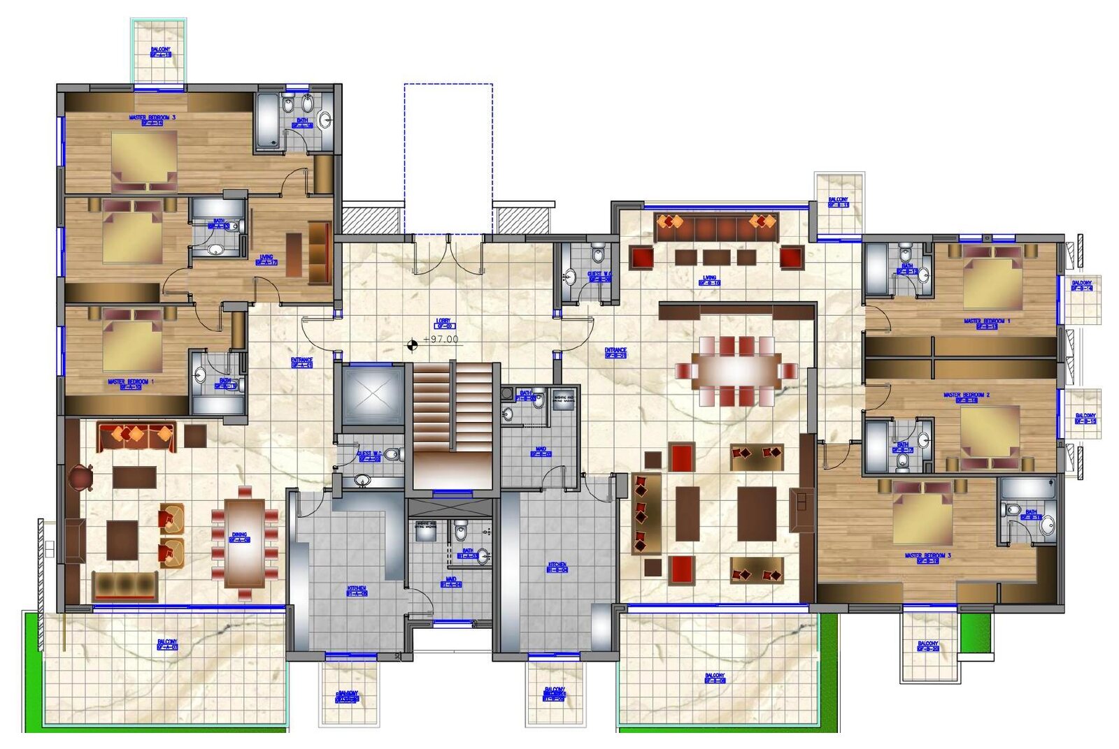 Furnished ground floor plan showing two residences around a central lobby, stair and lift
