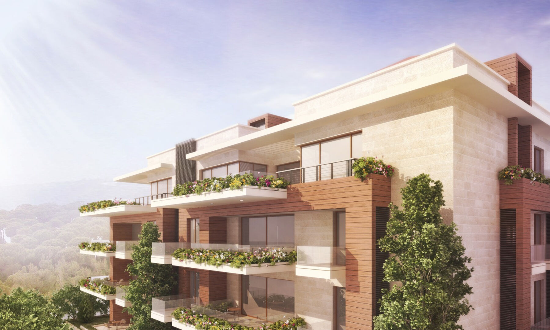 Render of Broumana 2976, terraced balconies facing the pine forest