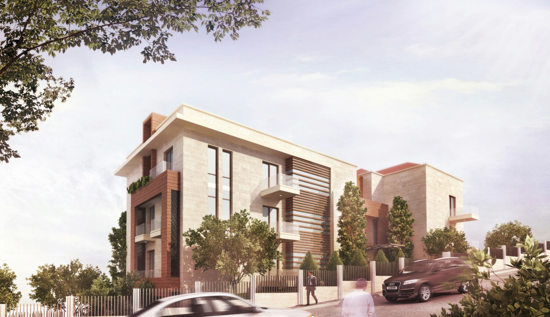 Street view of Broumana 2976, limestone facade and timber screens