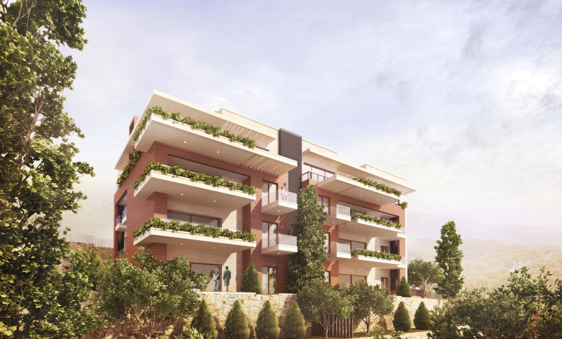 Corner view of the cantilevered terraces against the hills