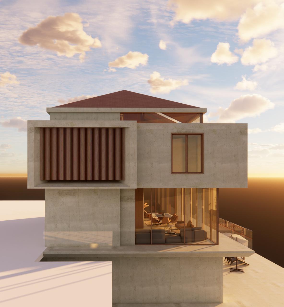 Render of the Beit Meri villas facade at sunset, interior visible through the glazing